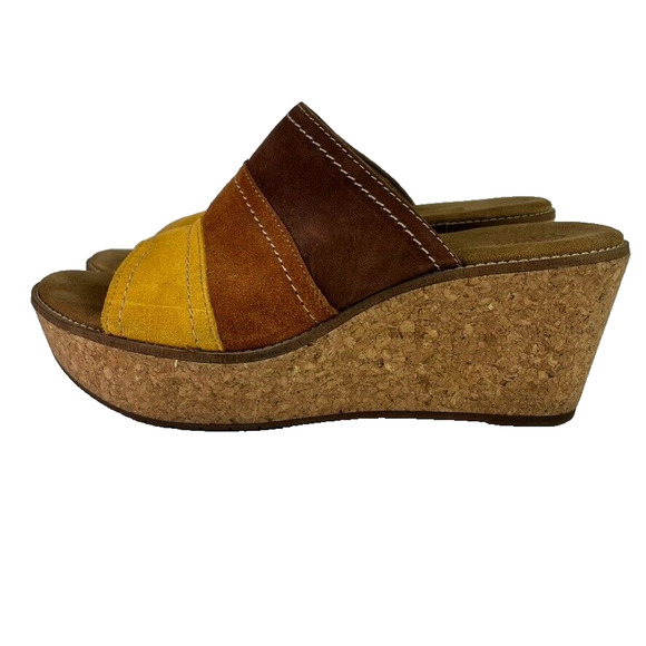 Clarks Artisan Wedge Sandals Womens 11M Leather Platform Cork Aisley Lily Trendy - Picture 1 of 13